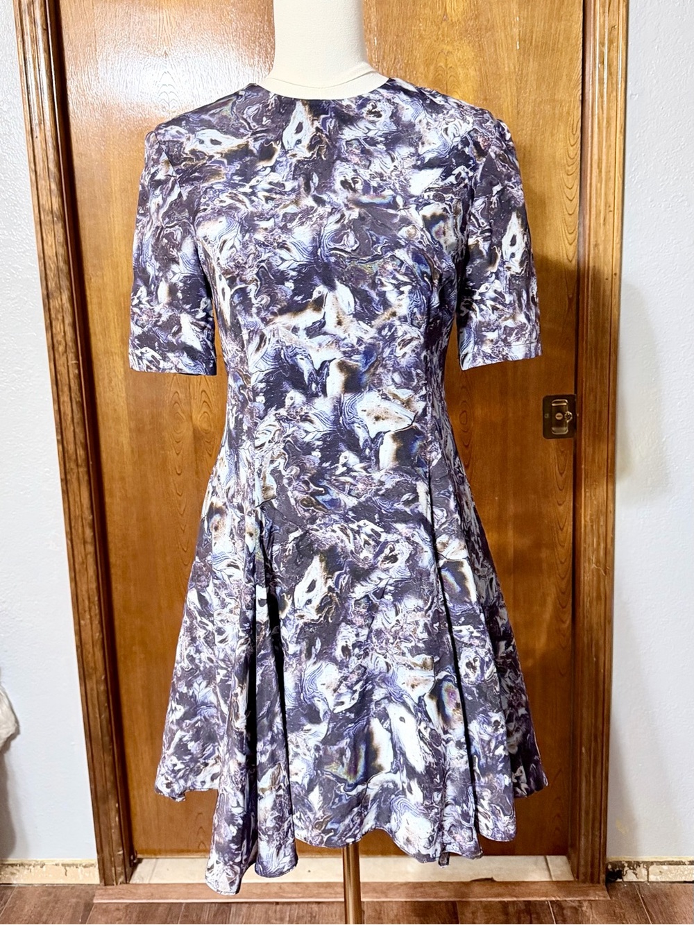 Markus Lupfer Purple Marble-Print Midi Fit & Flare Dress S
